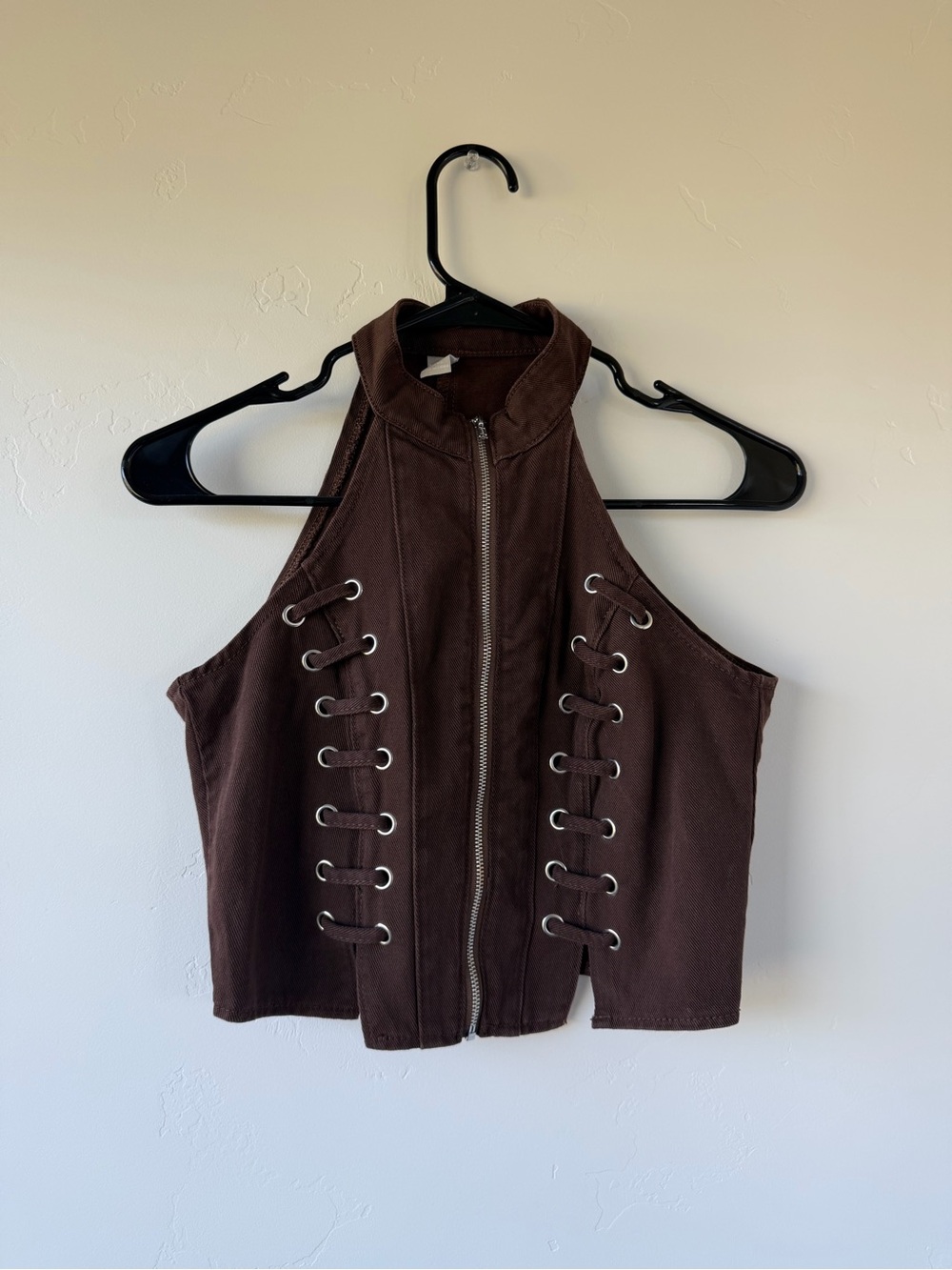 High-Neck Lace-Up Zip Crop Top in Brown